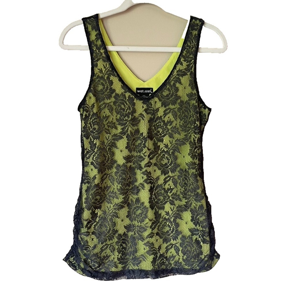 Wet Seal Neon Green Black Lace Ruched Sides Lined Y2K Goth Tank Top Size Large